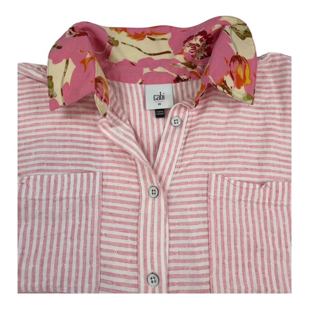 Cabi Womens Pink Striped Floral Collar Button Down Shirt Sleeveless 6512 Medium